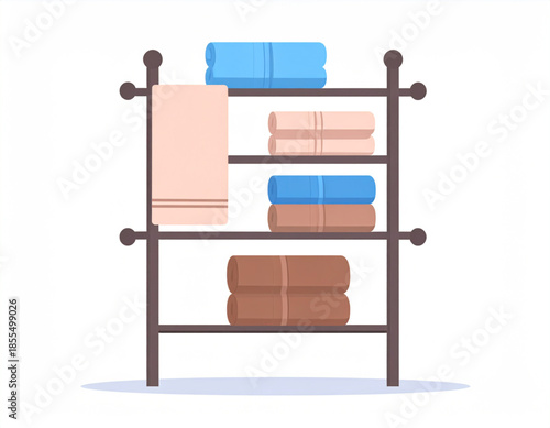 An illustration of a simple towel rack with neatly folded and hung towels in various colors.