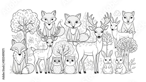 Whimsical forest animals coloring page. Detailed black and white line art illustration with foxes, deer, owls, and rabbits in a charming woodland scene