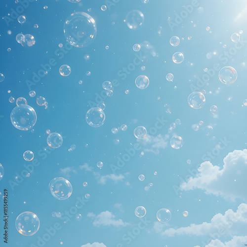 Dreamy Soap Bubbles Floating in a Bright Blue Summer Sky with Clouds