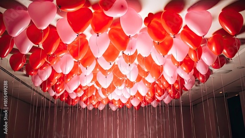 Captivating indoor decoration featuring a multitude of red and pink heart-shaped balloons hanging from the ceiling, creating a romantic and joyful atmosphere for celebrations