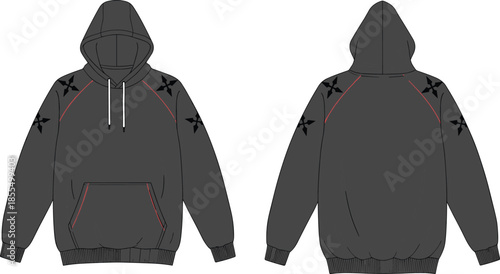 Dark gray ninja hoodie, shuriken sleeve design, red stitch detail, fashion vector, cad drawing, flat vector, apparel mockup, clothing template