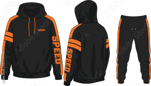 Black orange SPEED tracksuit set, sporty hoodie pants combo, fashion vector, cad drawing, flat vector, apparel mockup, clothing template