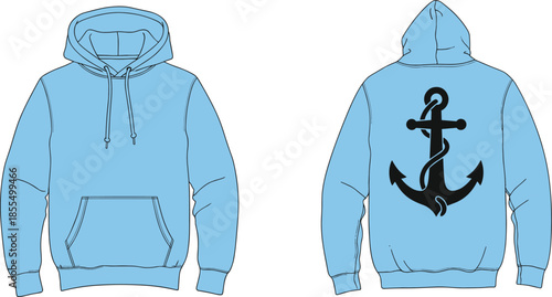 Light blue anchor hoodie, nautical theme sweatshirt, fashion vector, cad drawing, flat vector, apparel mockup, clothing template, maritime style