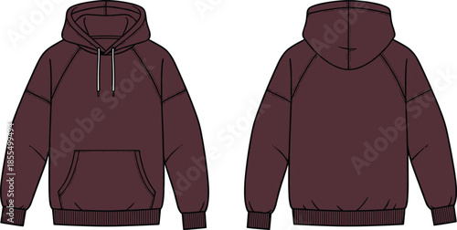 Maroon hoodie front back sketch, fashion cad drawing, flat vector, apparel mockup, clothing template, casualwear design, garment construction