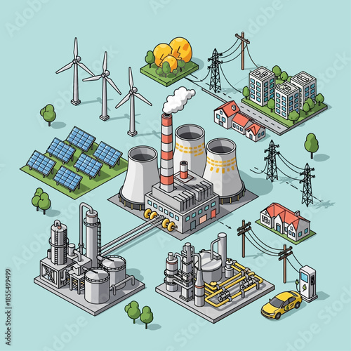 Isometric illustration of a complex energy grid showing power generation, distribution, and consumption from various sources like wind, solar, and thermal plants.