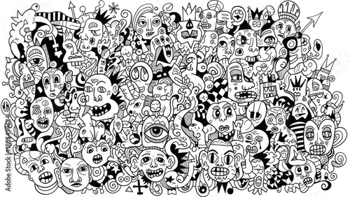 Whimsical Monochrome Doodle Art Composition with Expressive Faces and Abstract Elements, Creating a Dynamic and Intricate Visual Narrative