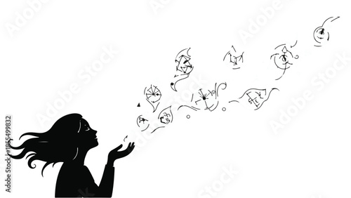 Silhouette of a woman blowing abstract shapes and faces into the air