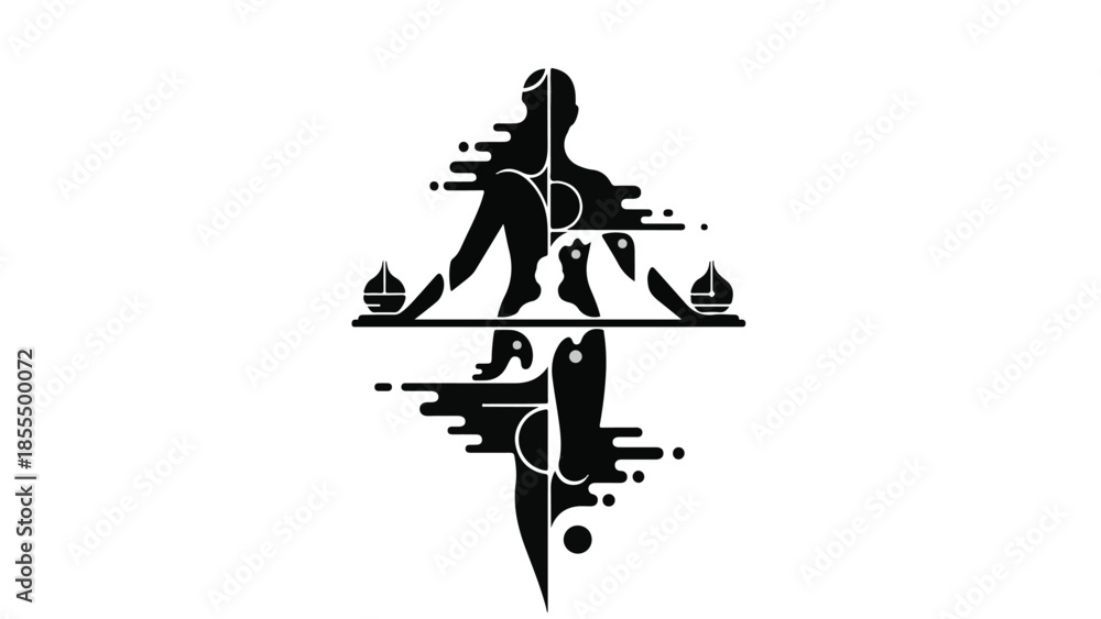 Naklejka premium Abstract silhouette of a balanced human form with flowing liquid elements and reflections.