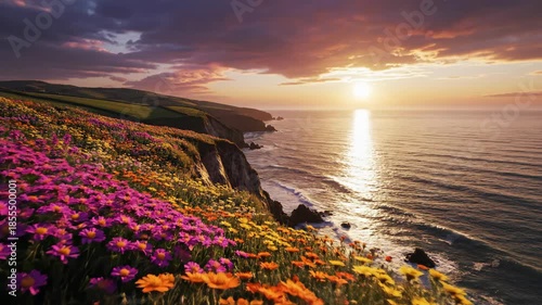 Colorful Flowers on Coastal Cliffs at Sunset with Ocean Waves