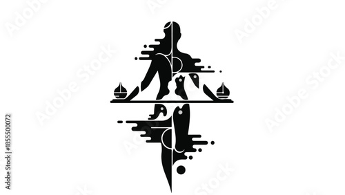 Abstract silhouette of a balanced human form with flowing liquid elements and reflections.