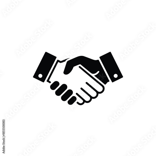 A simple black and white illustration of two hands shaking in agreement