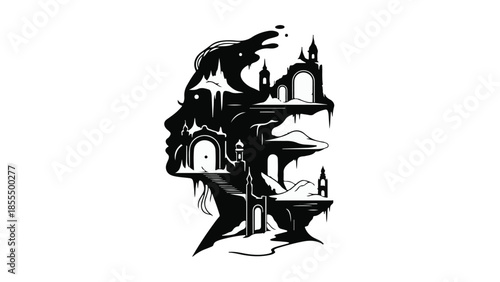 Surreal silhouette of a woman's profile filled with a fantastical, dark castle landscape.