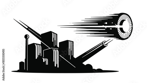 Futuristic city skyline under attack by a cosmic projectile.