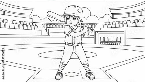 Coloring book for children - A boy with a baseball bat at the stadium