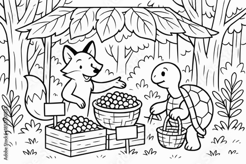 Coloring book for children - Fox selling fruits to turtle at market beneath leafy trees  
