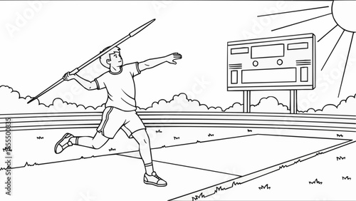 Coloring book for children - Male athlete throwing javelin during competition on sunny day  