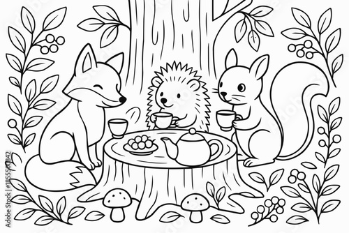Coloring book for children - Forest dwellers, a fox and a hedgehog and a squirrel enjoy tea drinking under a tree in the forest