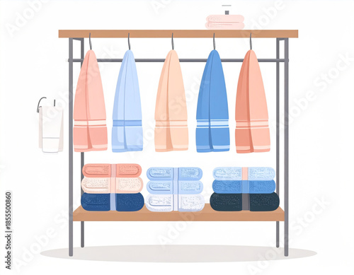 Illustration of a towel rack with various colored towels, both hanging and neatly folded on shelves.