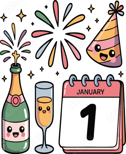 Cute New Year illustration with fireworks, smiling champagne, party hat, and January 1 calendar.!!!