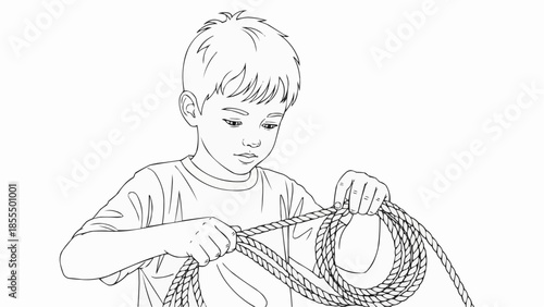 Coloring book for children - Young boy tying a rope while focused on his task at home  