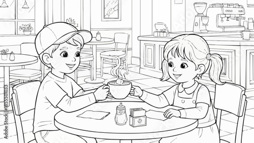 Coloring book for children -A boy hands a girl a cup of hot cocoa in a cafe in a cozy atmosphere