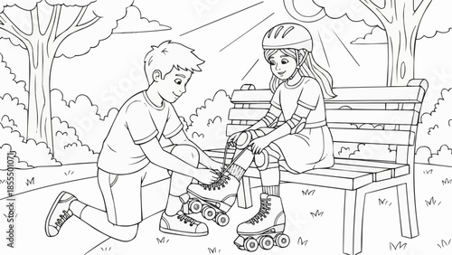 Coloring book for children - Boy helping girl put on roller skates in park on sunny day  