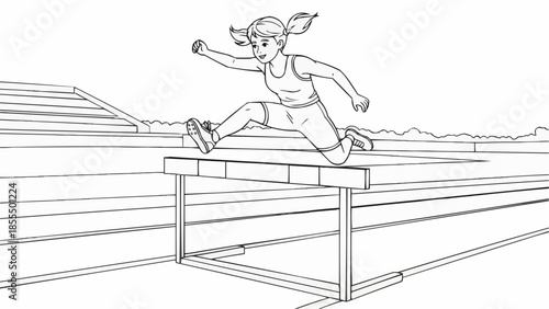 Coloring book for children - Young girl jumping over a hurdle on a track field  