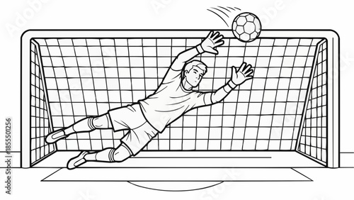 Coloring book for children - Goalkeeper diving to save a ball in a soccer match sketch  