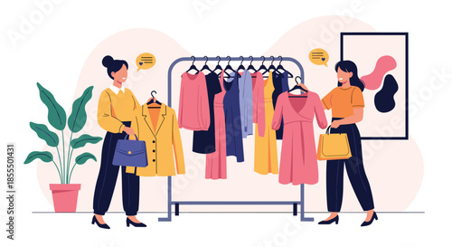 Two stylish women are happily shopping for clothes together, browsing a rack of colorful dresses and jackets in a boutique.