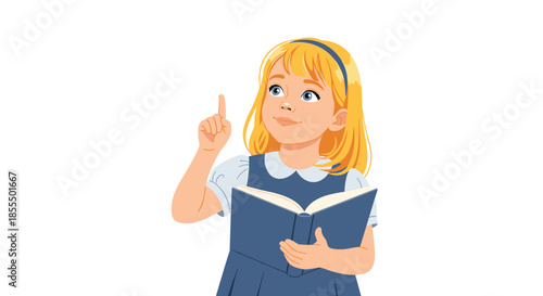 A smart little schoolgirl with blonde hair holds a book and raises her finger, having a brilliant idea or insight.