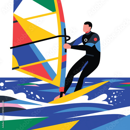 Illustration Of A Windsurfer In The Open Sea Vector Design Template