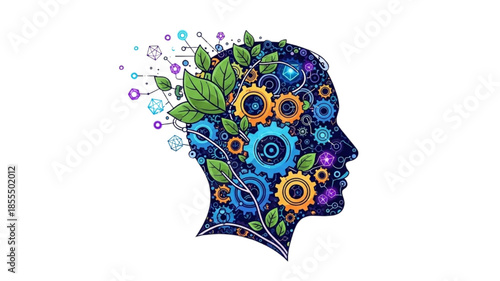 Futuristic Eco-Tech Brain Vector Illustration: Human Mind Silhouette with Gears, Plants, Circuits - Innovation Concept for AI, Sustainability, Growth