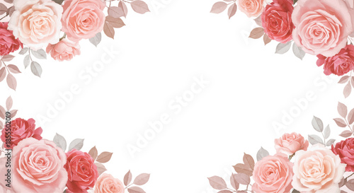 Delicate floral arrangement with roses and leaves framing a blank space from a direct viewpoint