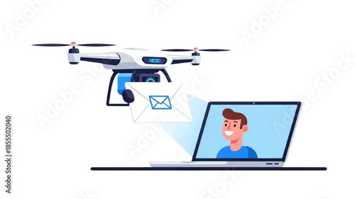 Drone Delivering Email Envelope to Laptop with Smiling Man - Vector Illustration of Digital Mail Service, Online Communication, and Tech Delivery Concept