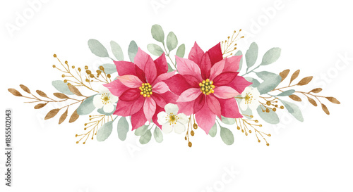 A bouquet of pink flowers and green leaves on a white background from a front viewpoint