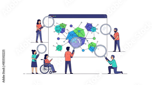 Diverse Team Examining Network Graph with Magnifying Glasses on Screen - Vector Illustration of Data Analysis, Research Investigation, and Analytics Concept