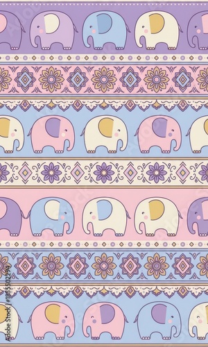 Cute Colorful Elephants and Floral Patterns on a Soft Purple Background for Children's Decor