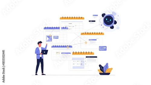 AI-Powered Social Media Marketing Scheduler. Digital Marketer Using Artificial Intelligence to Plan Content Timeline and Campaign Deadlines. Smart Business Automation Vector Illustration.