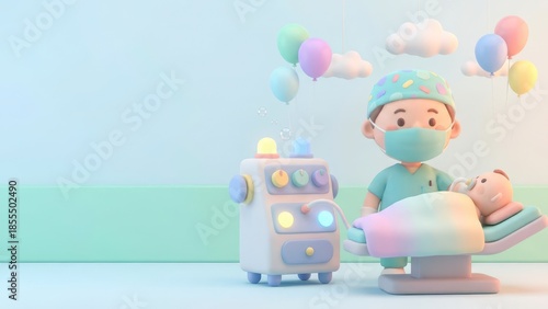 Cute cartoon doctor character with patient on examination table and colorful balloons in background