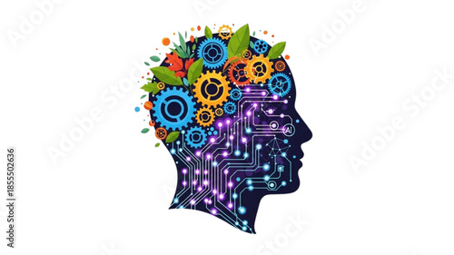 Artificial Intelligence vs Natural Mind Concept. Human Head Silhouette with Digital Circuits, Organic Gears, and Leaves. Future Technology Vector Illustration.