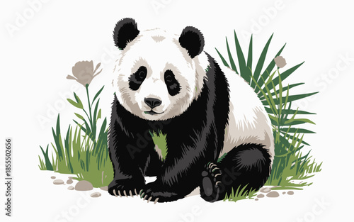 Cute Panda Bear Clipart Sitting in Bamboo and GrassPrint