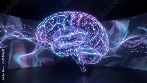Neon Brain Visualization with Colorful Light Trails Representing Neural Connections and Activity
