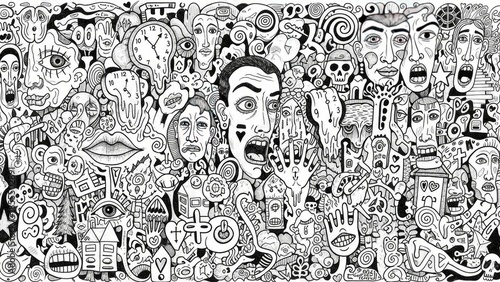 Abstract Surreal Doodle Art A Chaotic Collage of Faces, Eyes, and Whimsical Elements in Black and White