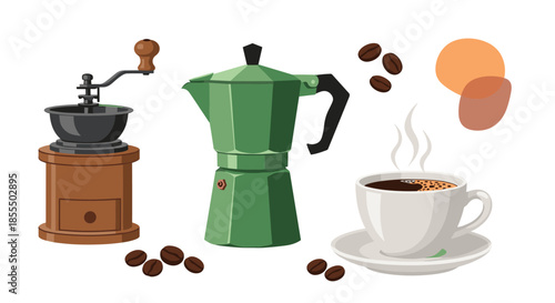 A coffee lover's collection including a vintage hand grinder, a green moka pot, a hot cup of coffee, and scattered beans.