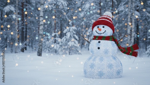 Charming Snowman with Festive Lights in Snowy Winter Forest