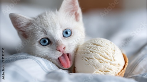 Wallpaper Mural Adorable white kitten with blue eyes enjoying ice cream on a cozy blanket in a bright and playful setting Torontodigital.ca