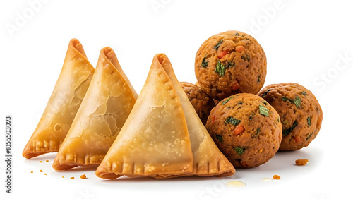 A trio of golden crispy samosas paired with savory vegetable pakora fritters isolated on a clean white studio background.