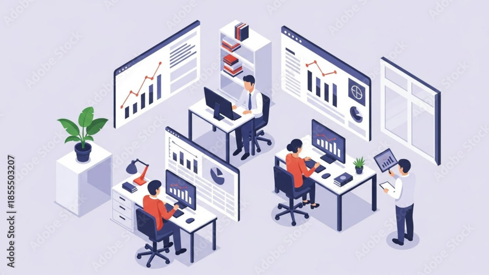 Obraz premium Isometric illustration of a modern office environment with professionals collaborating and analyzing data on various digital screens and devices