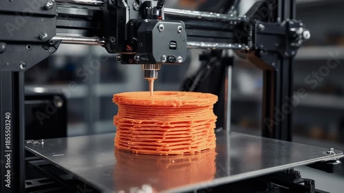 3D Printer Creating an Orange Object Layer by Layer in Close-Up View