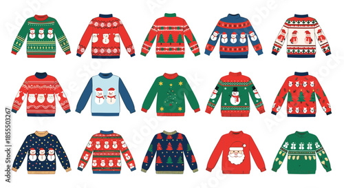 A large and festive collection of fifteen different ugly Christmas sweaters with various holiday patterns like snowmen and Santa.